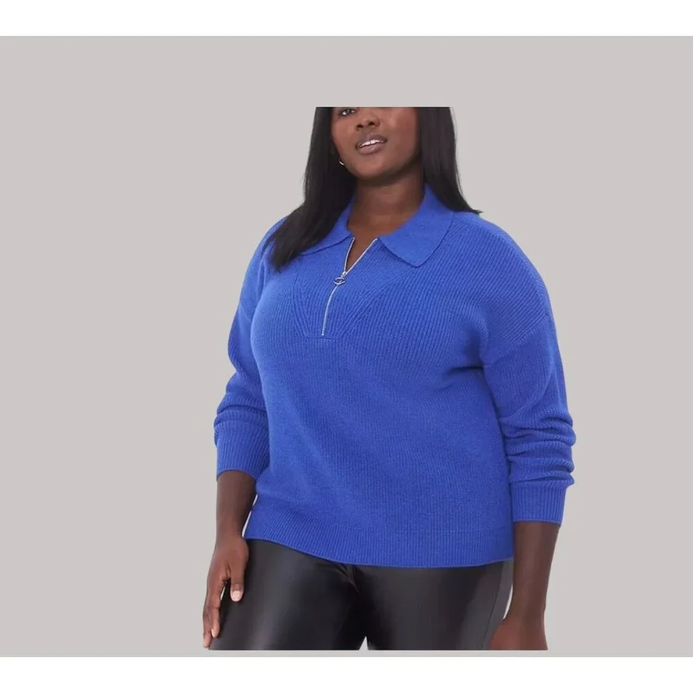 Lane Bryant‎ Sweater Womens 14-16 Blue Ribbed 1/4 Zip Collared Pullover Casual
